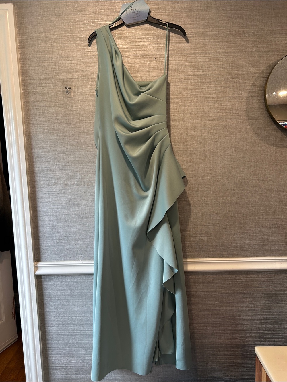 Xscape One-Shoulder Draped Mint Gown